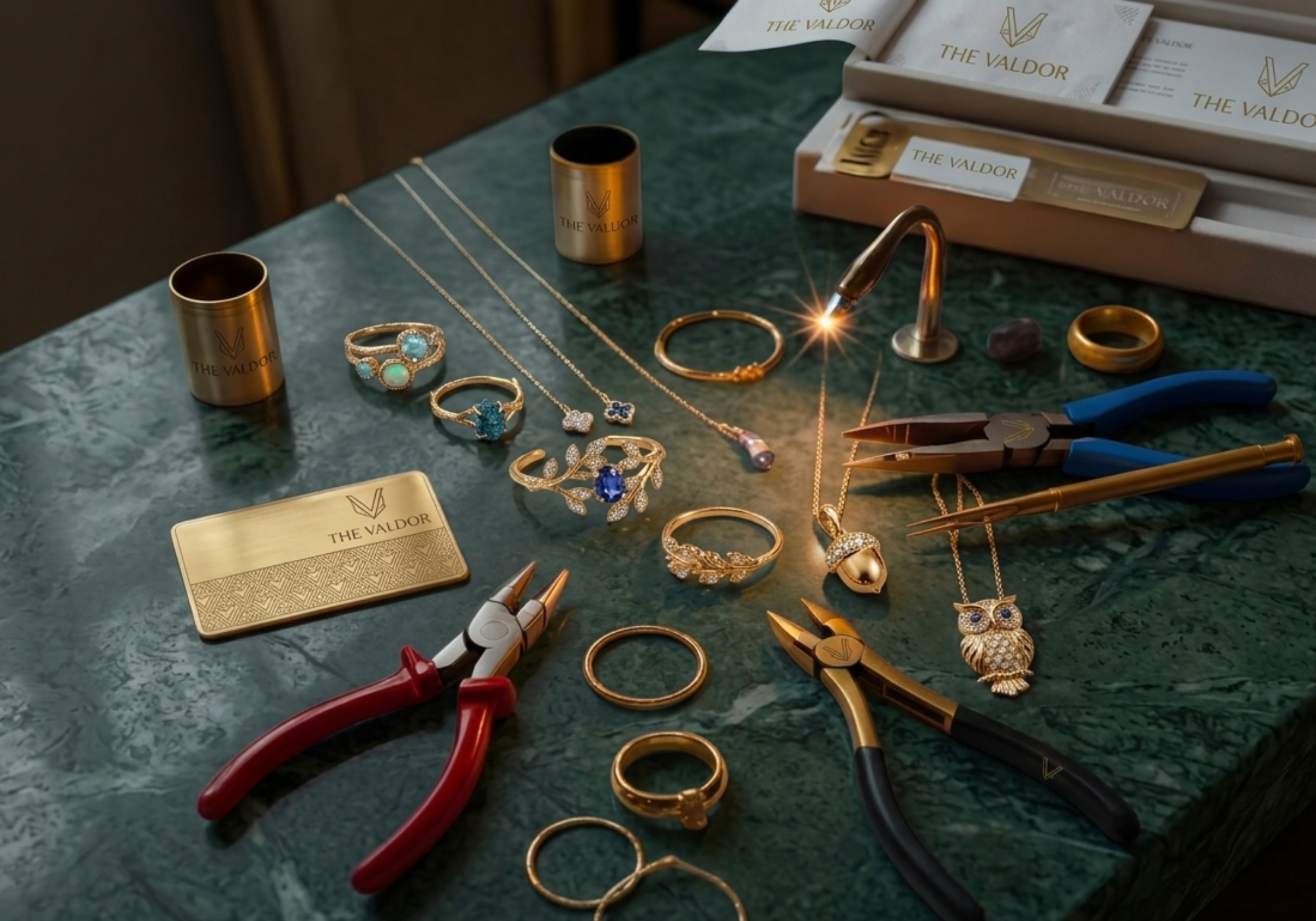 Jewelry-making tools and materials on a table with 'The Valdor' branding.