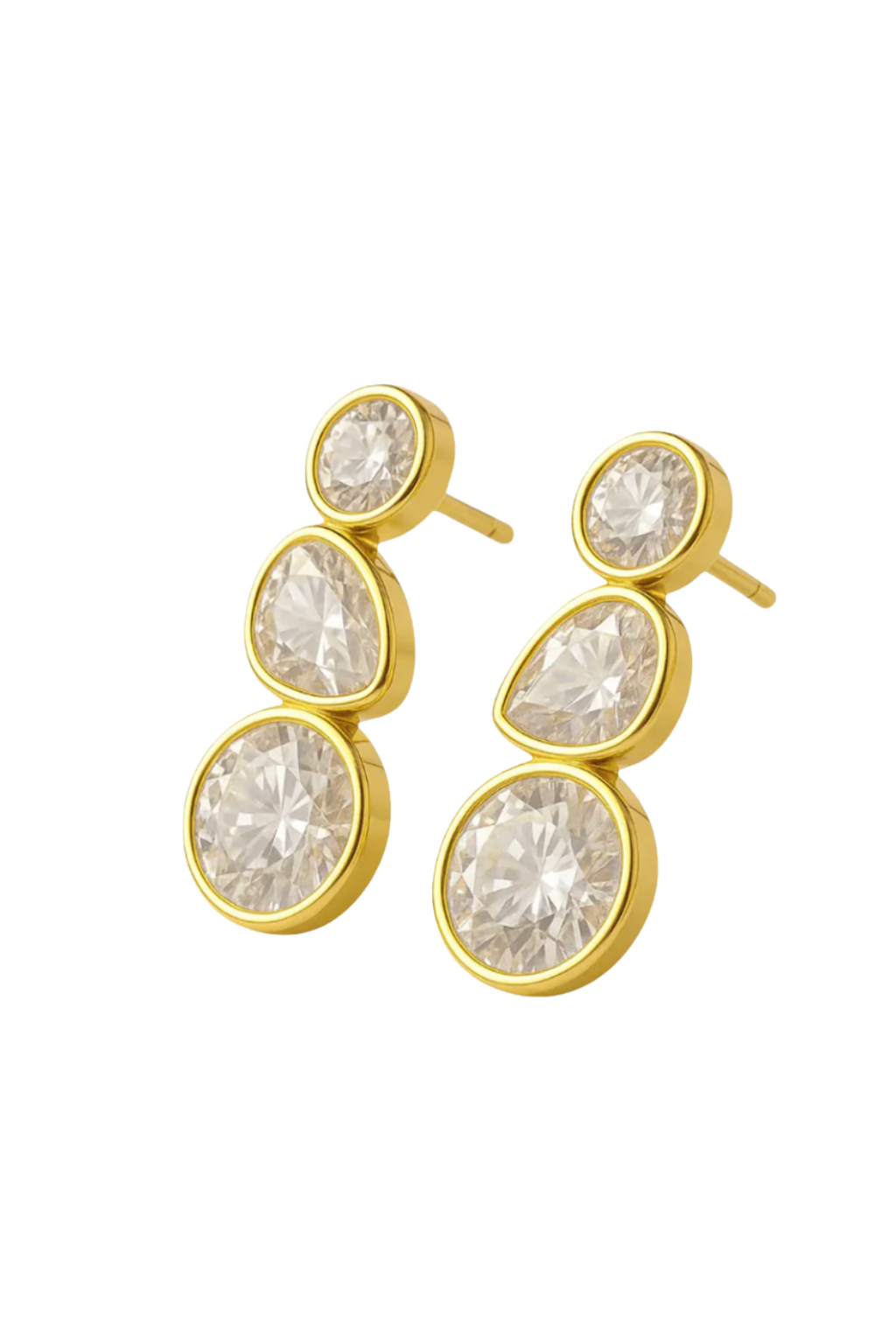 Valdor Élaris gold drop earrings with round and pear-cut diamond style stones in 18K gold plated stainless steel, front view on white background