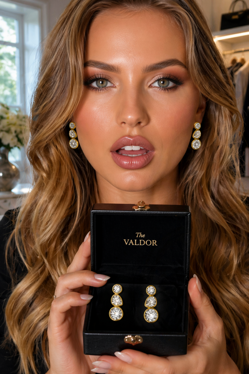 Woman wearing Valdor Élaris gold drop earrings with diamond-style stones, elegant luxury look for wedding or evening style