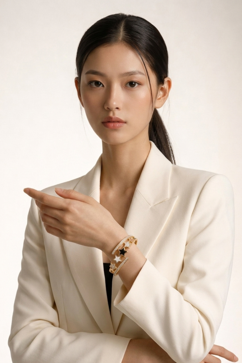 bracelet Goldplated Woman in a white blazer pointing with a neutral background wearing bracelet 14 k gold plated