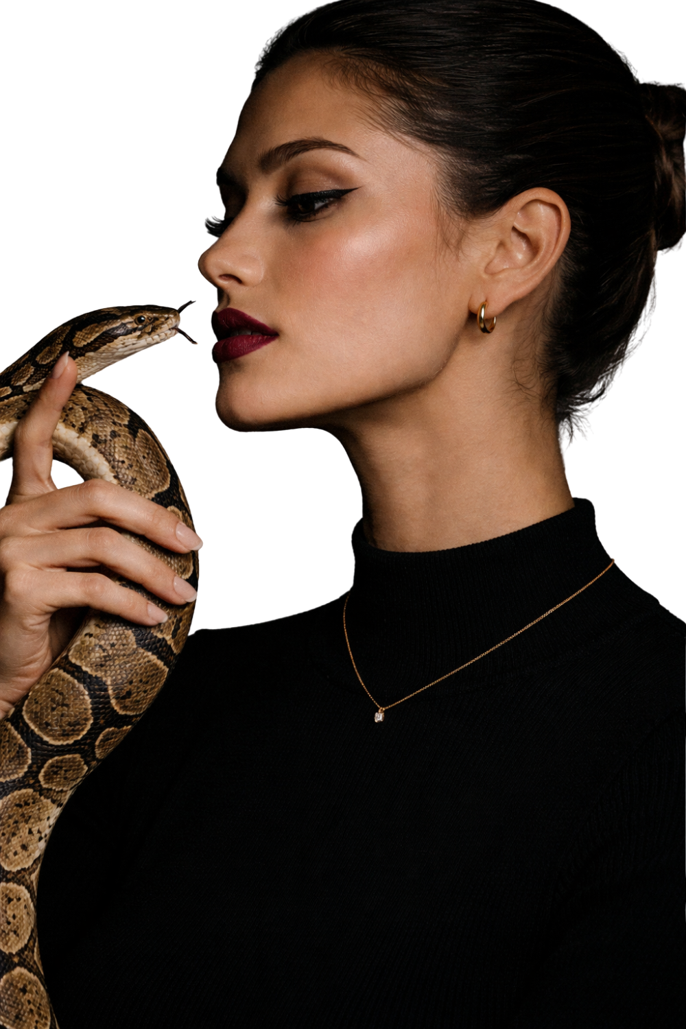 The Valdor fine jewelry elegant woman wearing a delicate gold necklace and earrings, timeless Italian-inspired luxury with a bold, refined aesthetic
