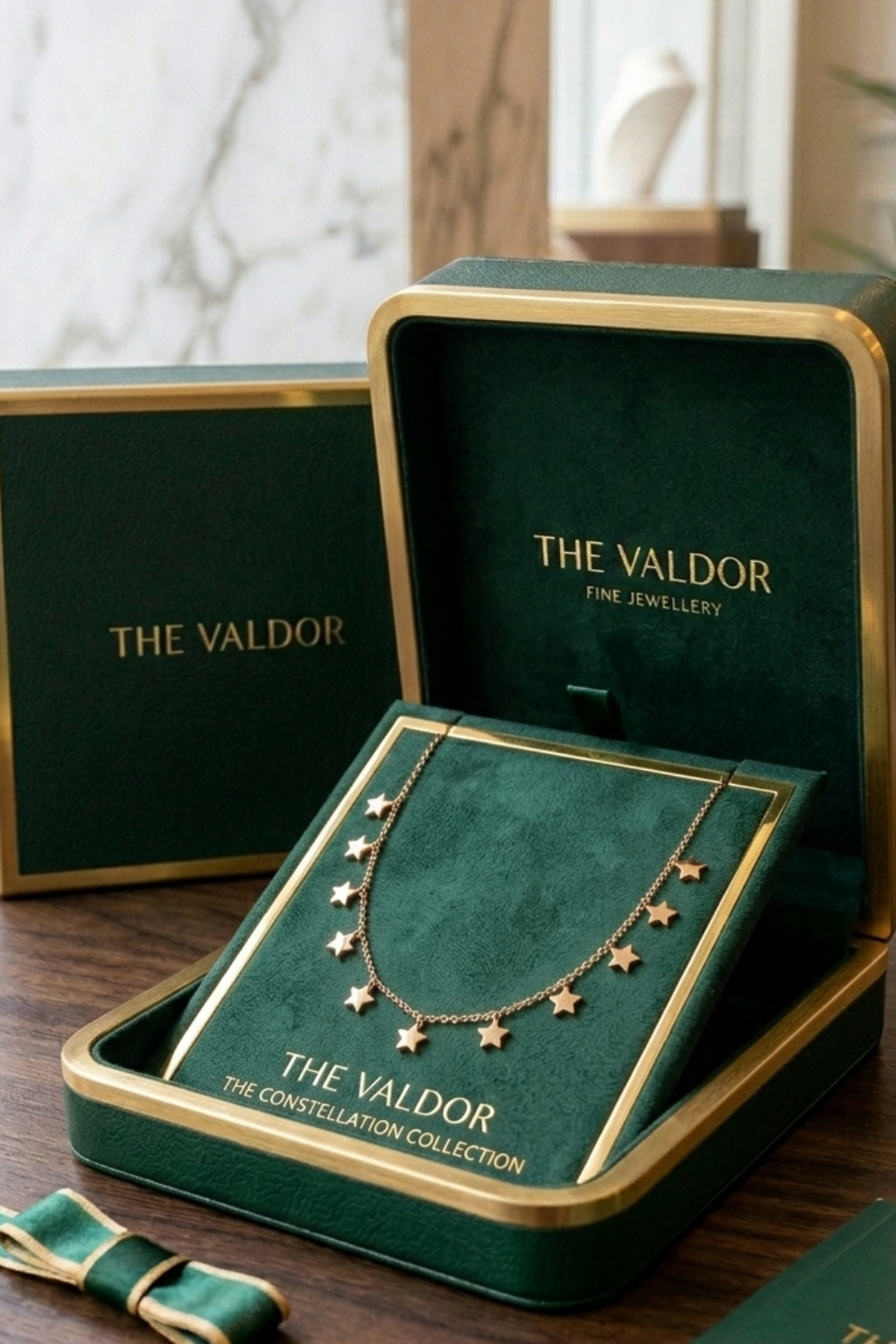 Star-shaped necklace in a green 'The Valdor' jewelry box on a wooden surface.