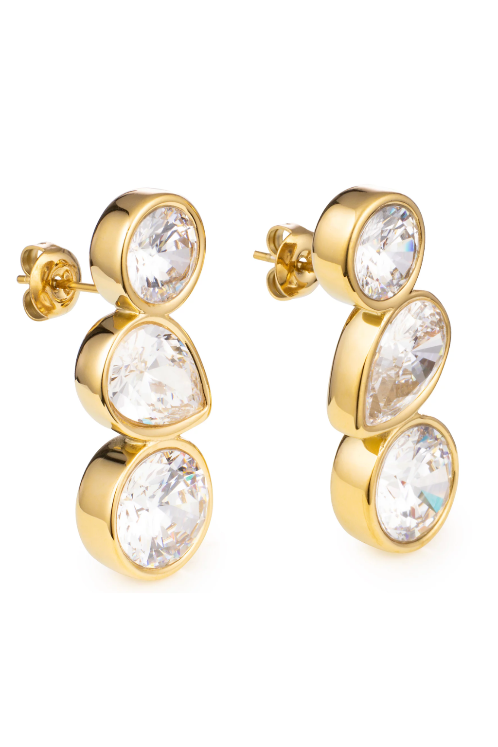 Gold earrings with clear gemstones on a white background
