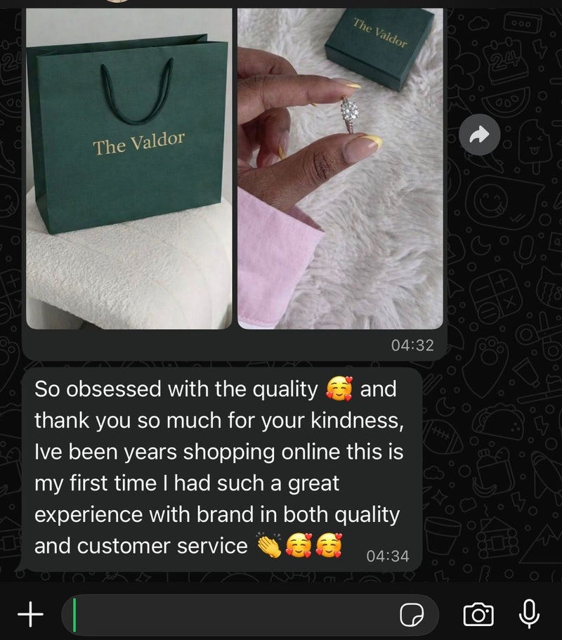Text message with a product image of a green bag and jewelry, and a keyboard overlay.
