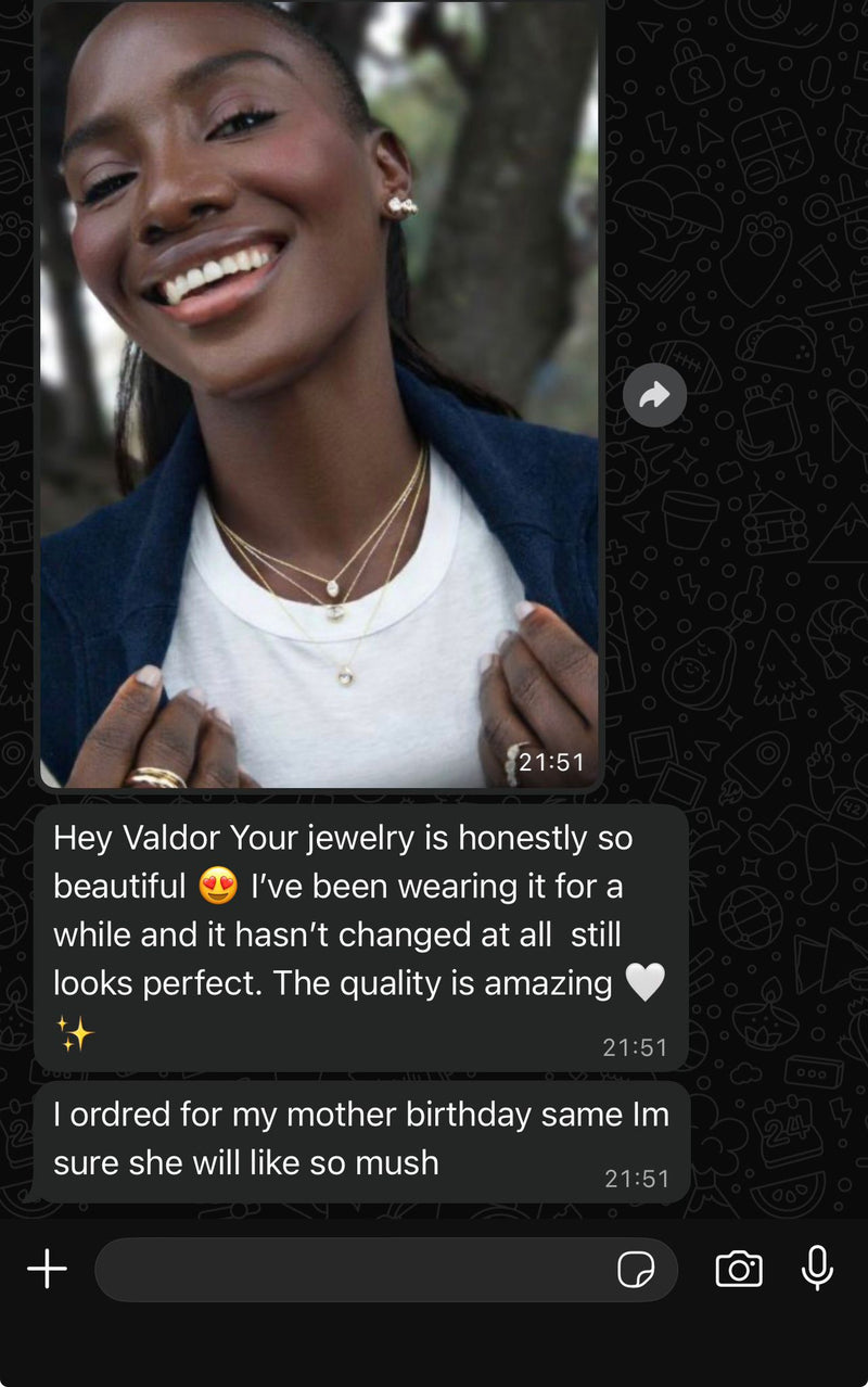 Woman wearing jewelry with a text overlay on a dark background