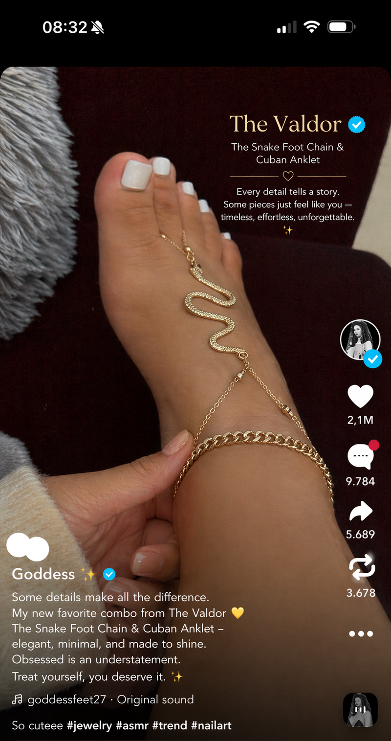 Gold foot chain being worn on a foot with social media interface elements.