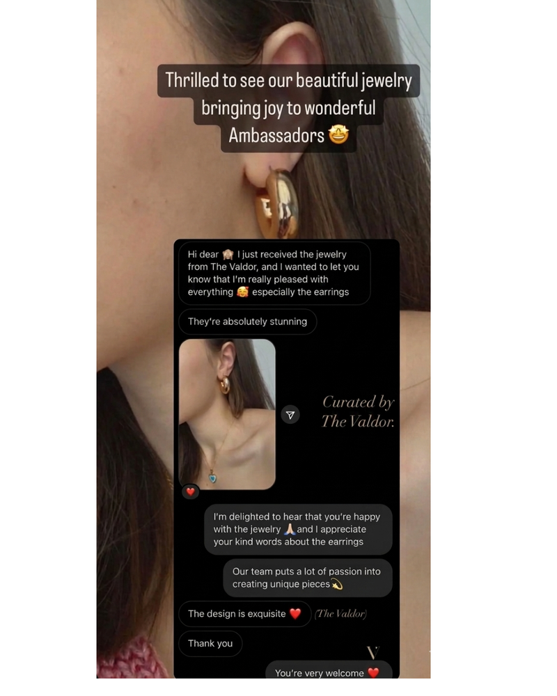 Person wearing gold earrings with a text overlay about jewelry satisfaction and brand communication.