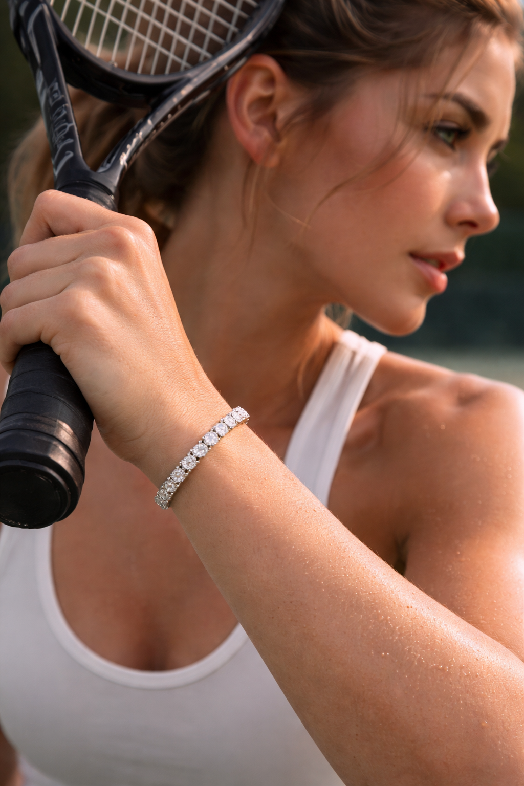 Close-up of The Valdor Éclat Tennis Bracelet  gold-finished setting with diamond-like stones in a refined classic tennis design