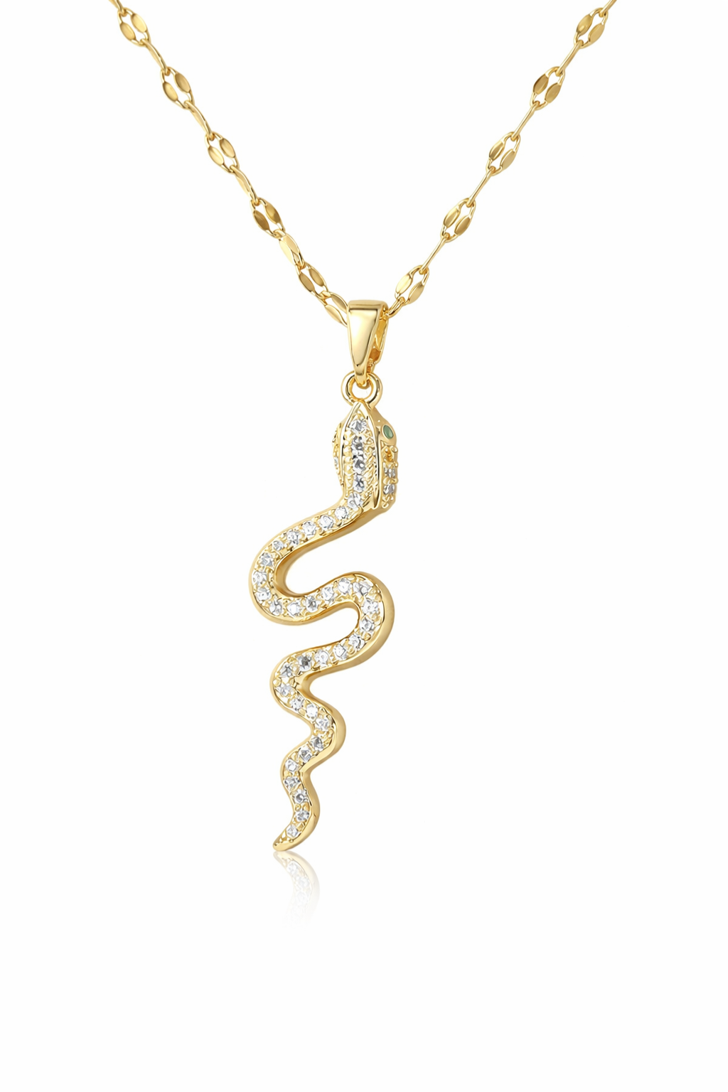 Close-up of the Valdor Ophia snake necklace in gold finish, featuring brilliant zirconia stones and refined craftsmanship inspired by timeless luxury.
