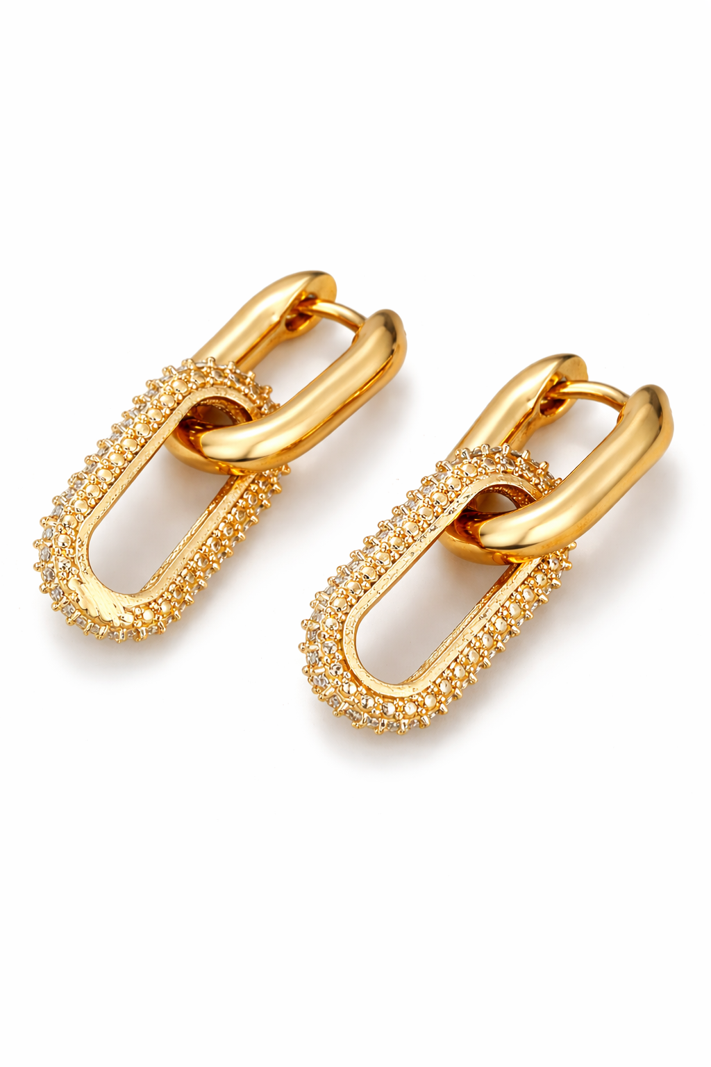 Valdor Lioré gold oval link earrings with pavé diamond style stones in 18K gold plated stainless steel, front view on white background